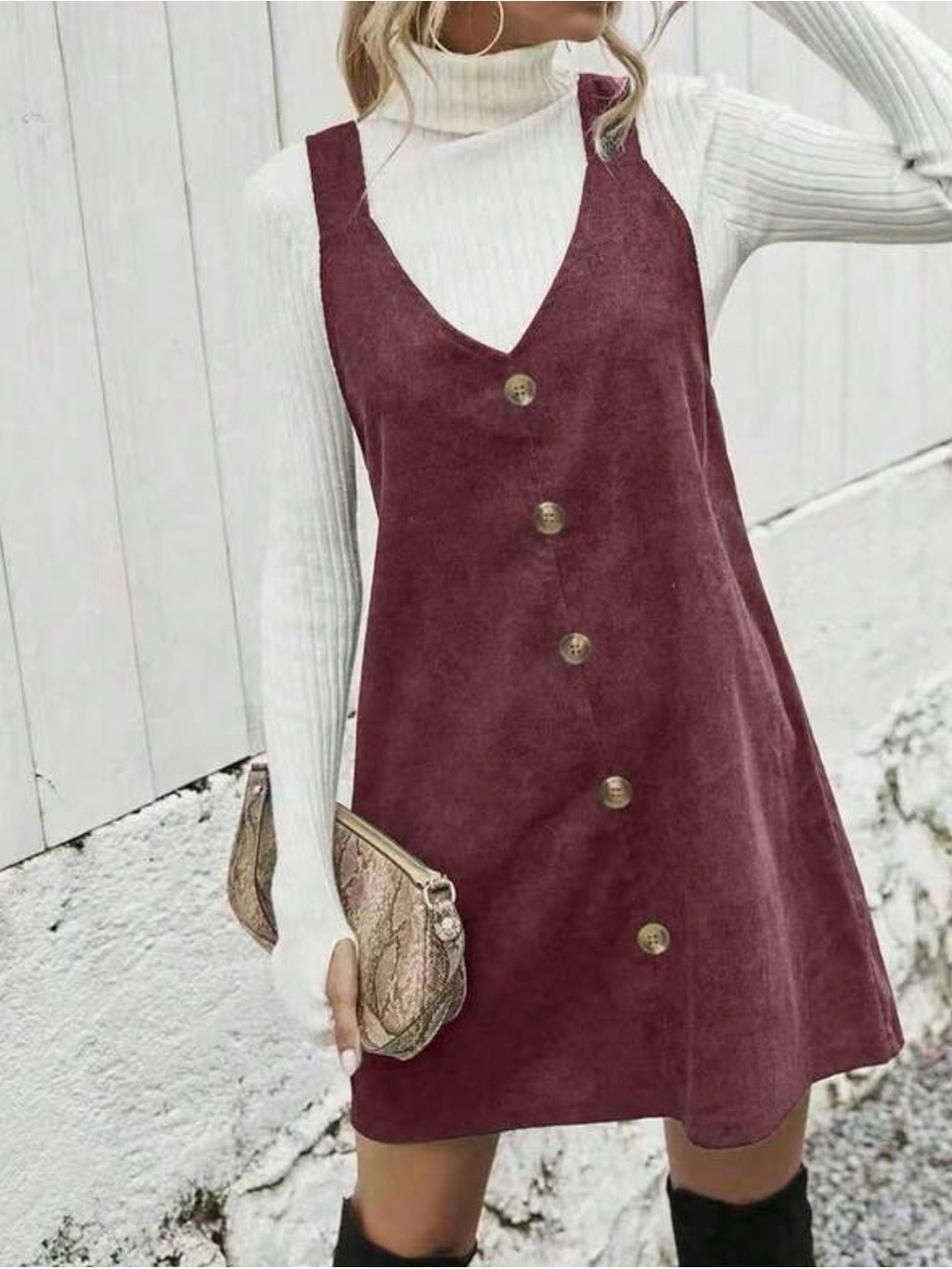 SHEIN Burgundy Button-Front V-Neck Mini Pinafore Dress